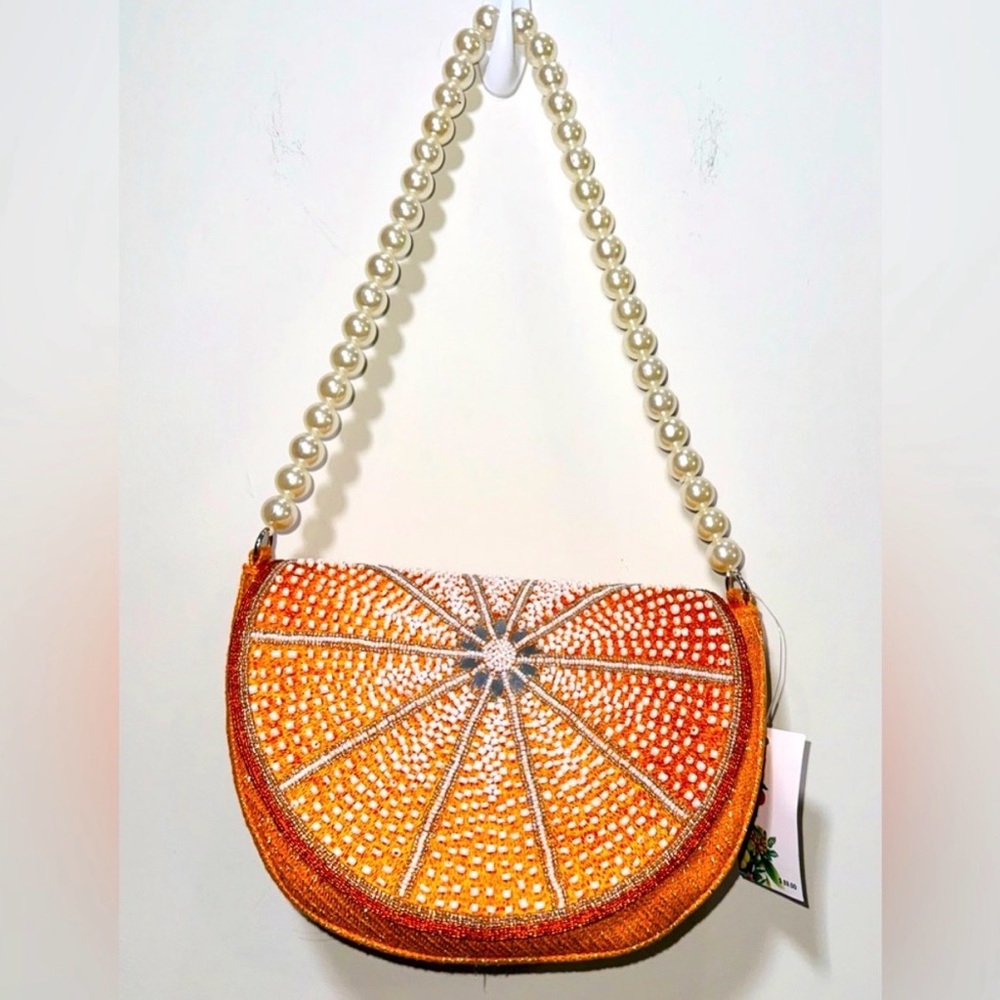 AMERICA & BEYOND Beaded Orange Purse with Faux Pearl Strap